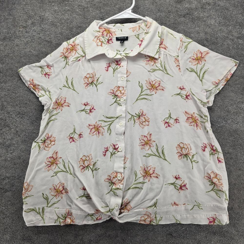 Torrid Shirt Womens 1 White Floral Button Front Short Sleeve Rayon Blouse